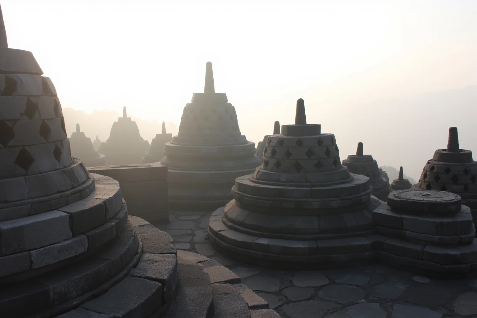 Borobudur's stone stupa terraces with seated Buddha statues in morning mist