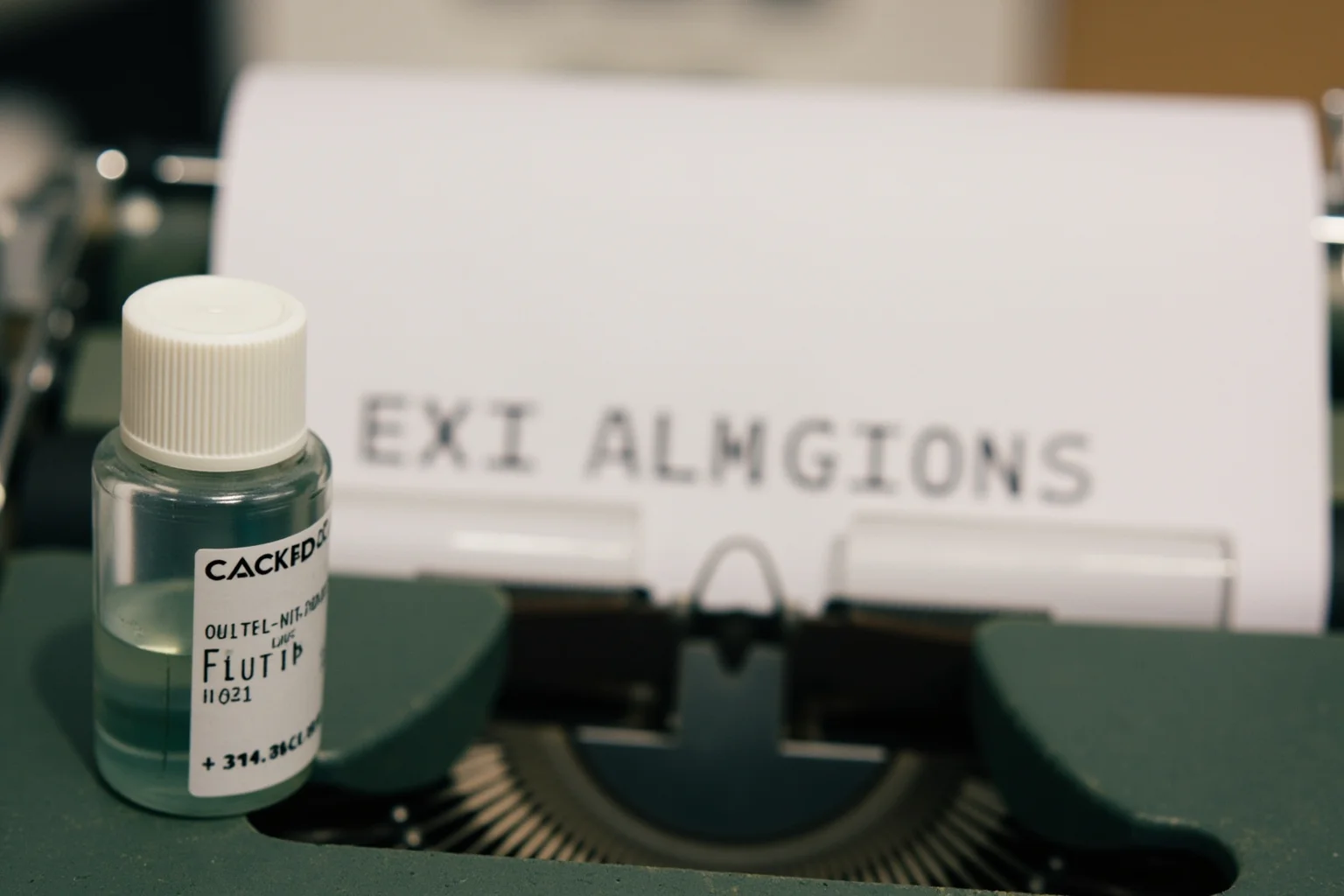 Bottle of correction fluid with typewriter keys and typed document in background