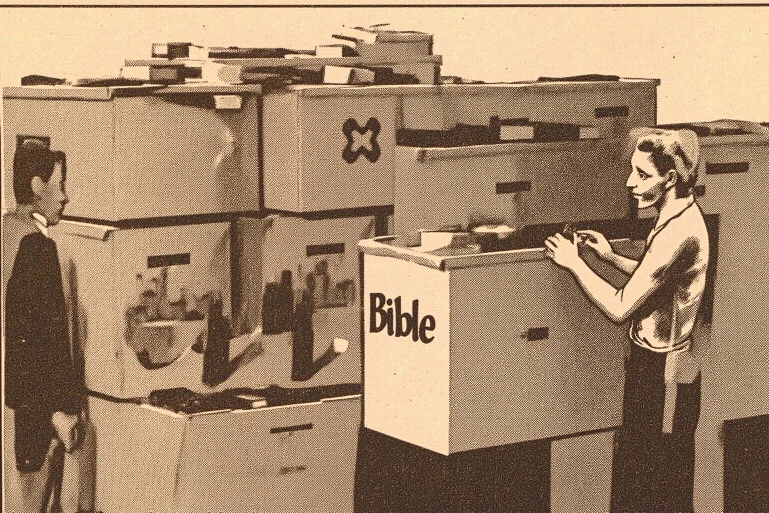 Boxes of Bibles being loaded for distribution, mid-20th century style illustration