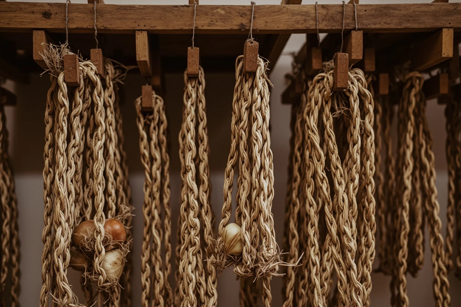 Ancient Greek Diet: 20 Foods Ancient Greeks Ate on a Daily Basis 10 Braided strings of onions and garlic hanging in a rustic ancient Greek pantry