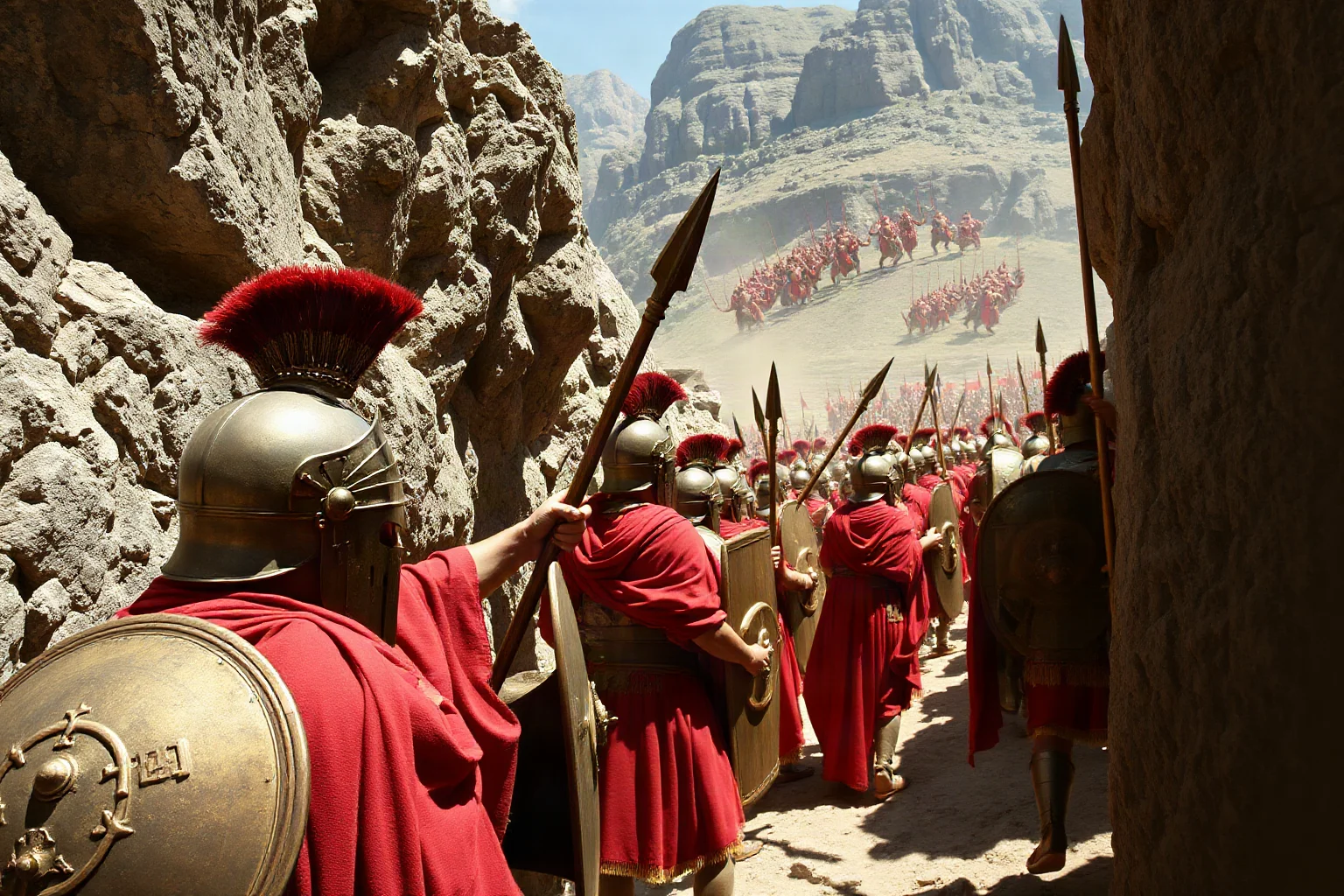 Ancient Greek soldiers in bronze armor and red cloaks standing shoulder-to-shoulder in a narrow mountain pass, holding spears and shields against an advancing Persian army in the distance