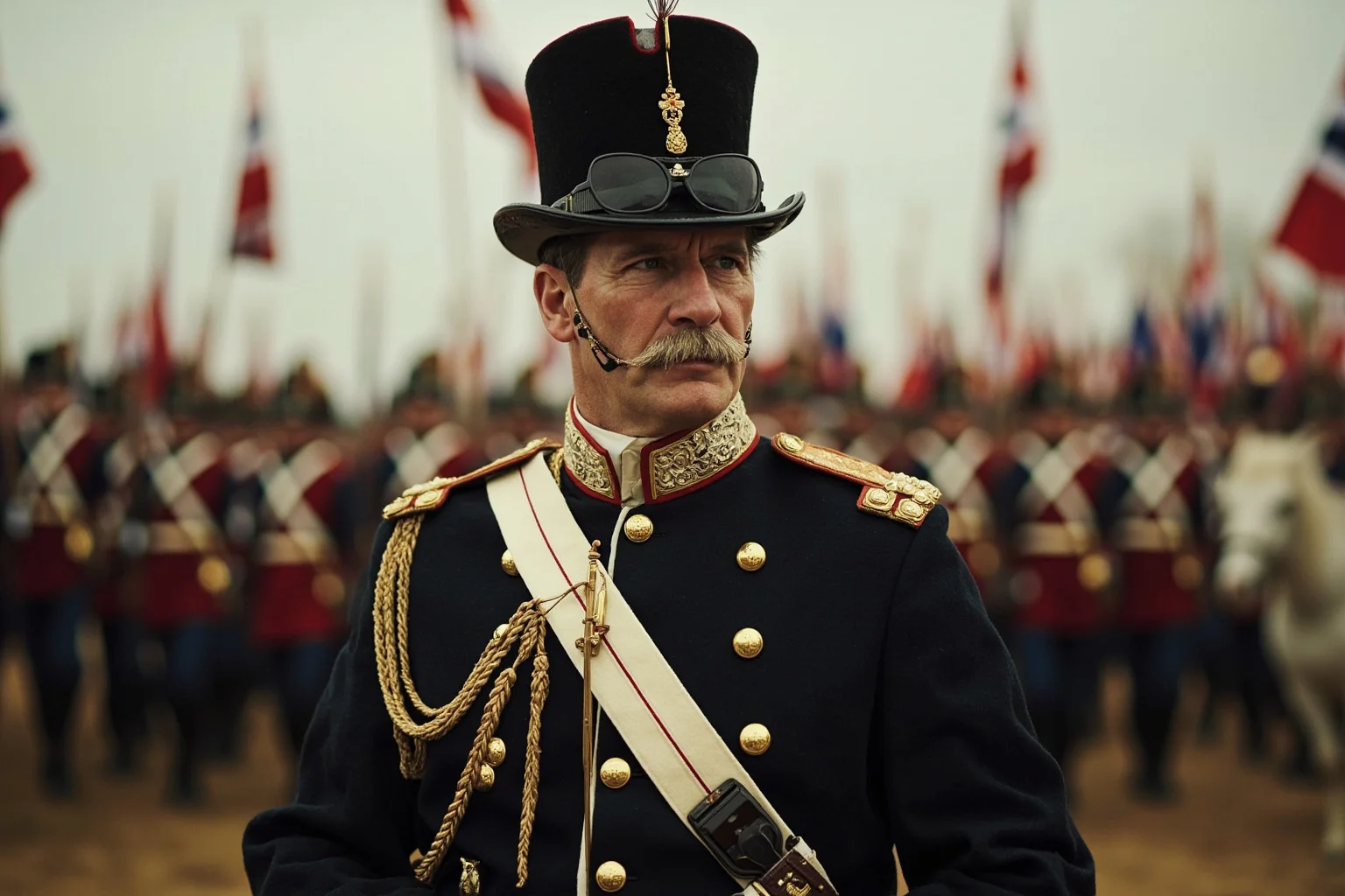 British 19th-century military commander in a formal officer's uniform standing before marching troops