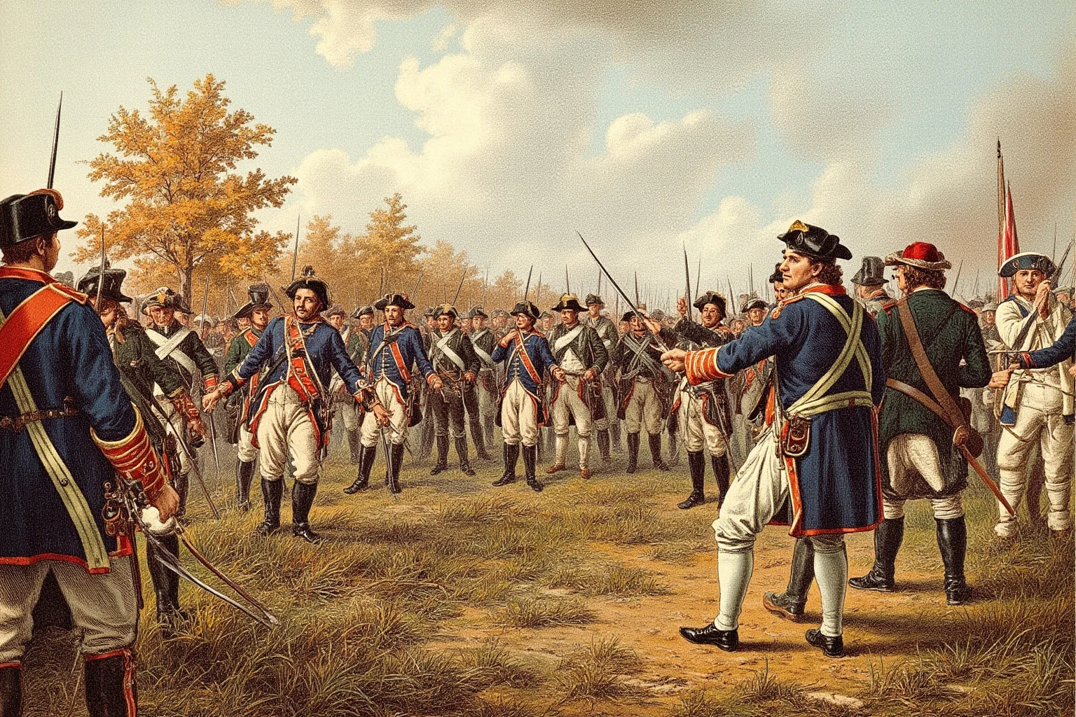 Battles That Defined American History 6 British army officers surrendering swords on a battlefield to Continental Army officers, autumn setting, historical illustration