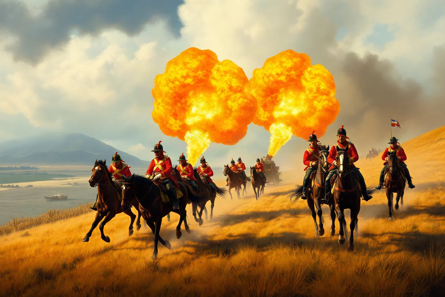 British cavalry in red uniforms charging downhill toward Russian artillery positions during the Crimean War, horses galloping into cannon fire