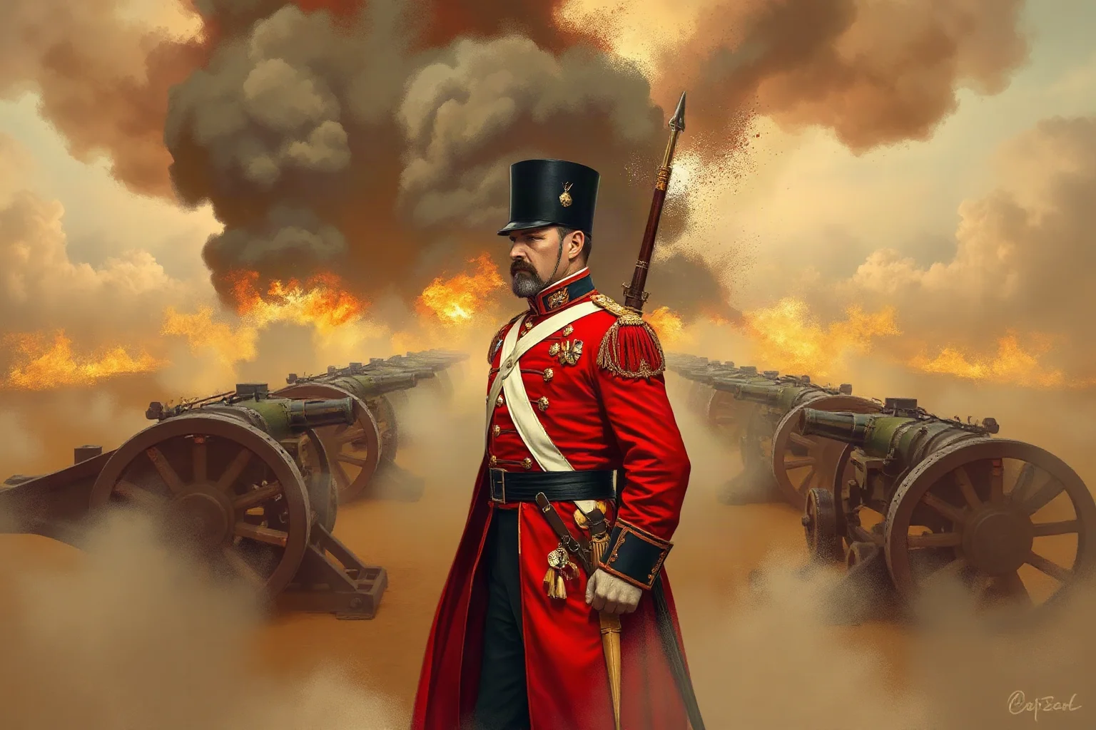British duke in a red military coat standing calmly amid cannon smoke on a battlefield, illustrative historical style