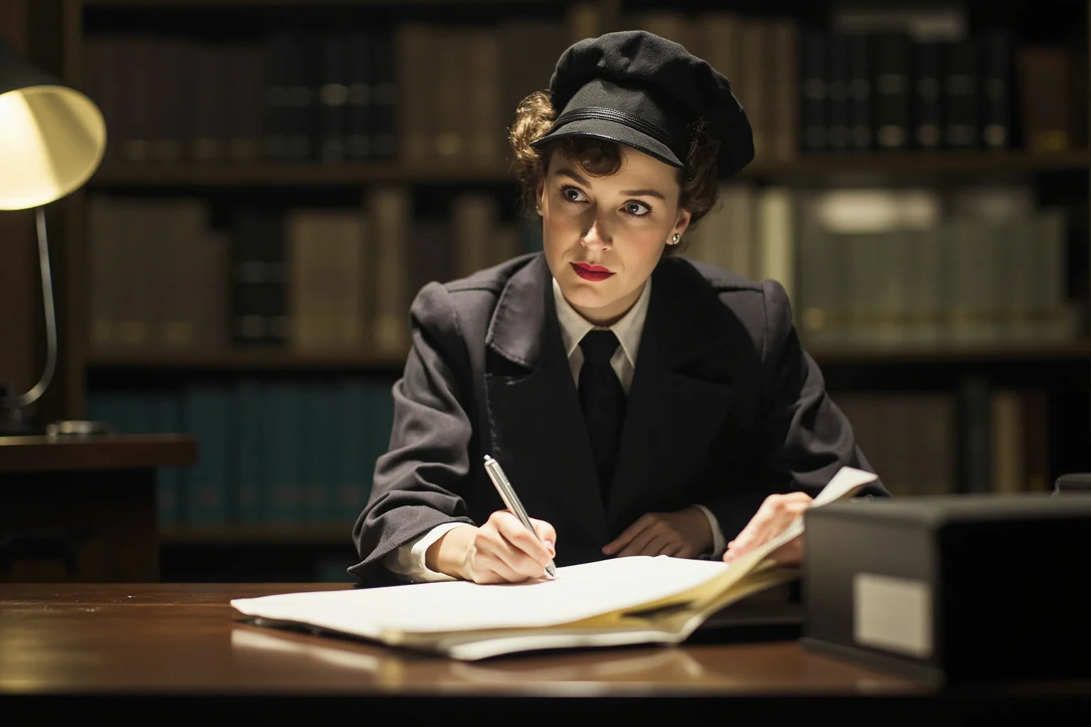 The Most Shameless Traitors of All Time 12 British Foreign Office worker in 1950s dress at a desk with confidential files, Cold War spy theme
