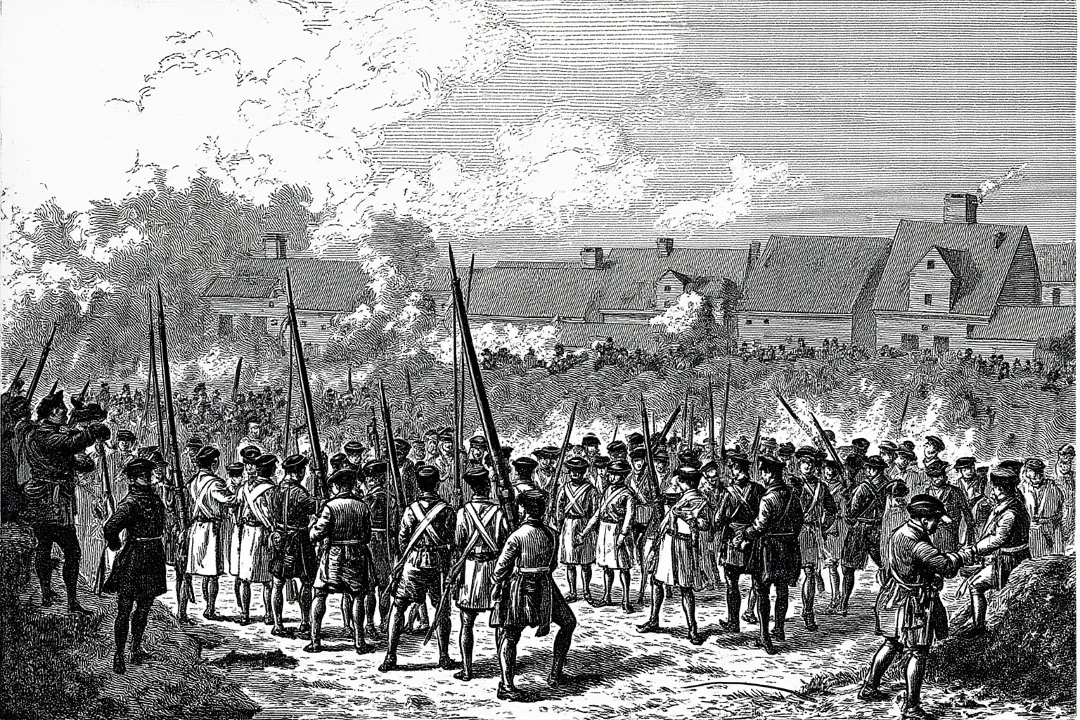 Battles That Defined American History 8 British soldiers surrendering at a fortified colonial town with allied troops looking on, historical illustration style