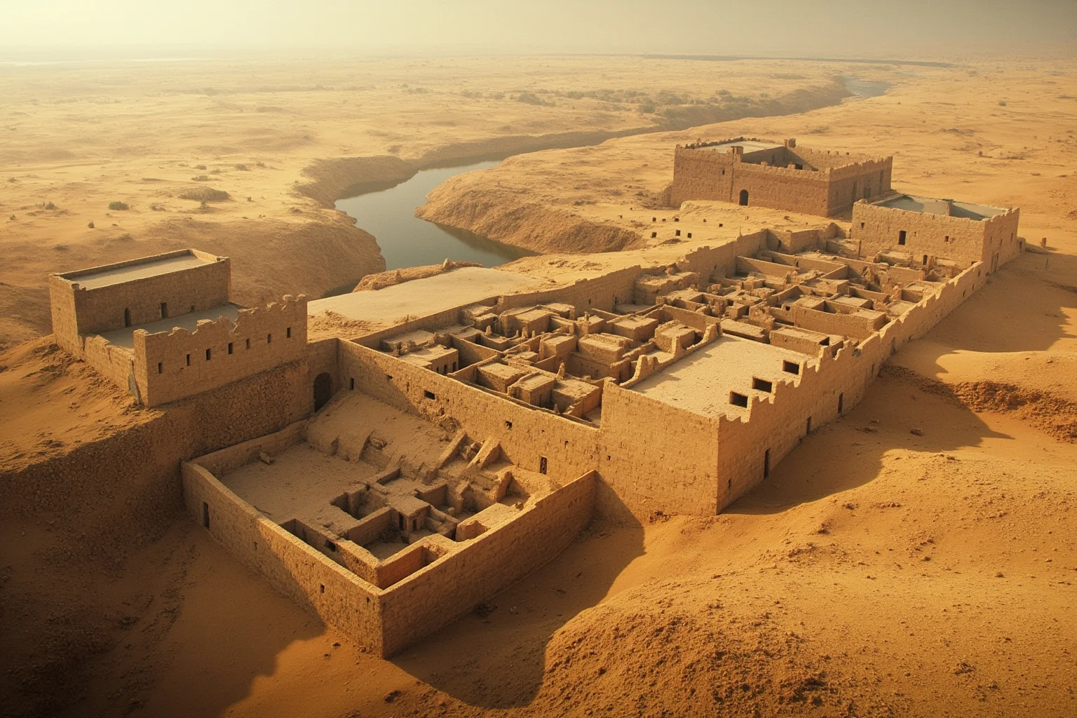 Bronze Age fortified settlement beside a Central Asian river with desert dunes encroaching on its walls