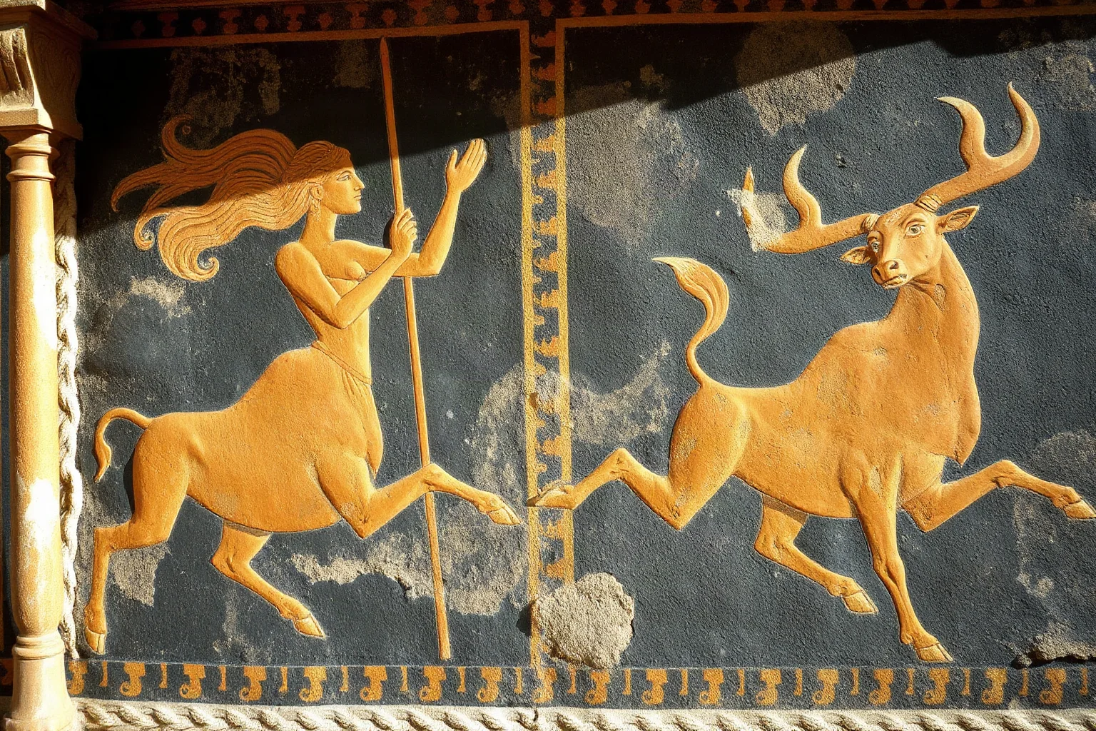 Bronze Age Minoan fresco style art featuring a goddess figure and leaping bulls