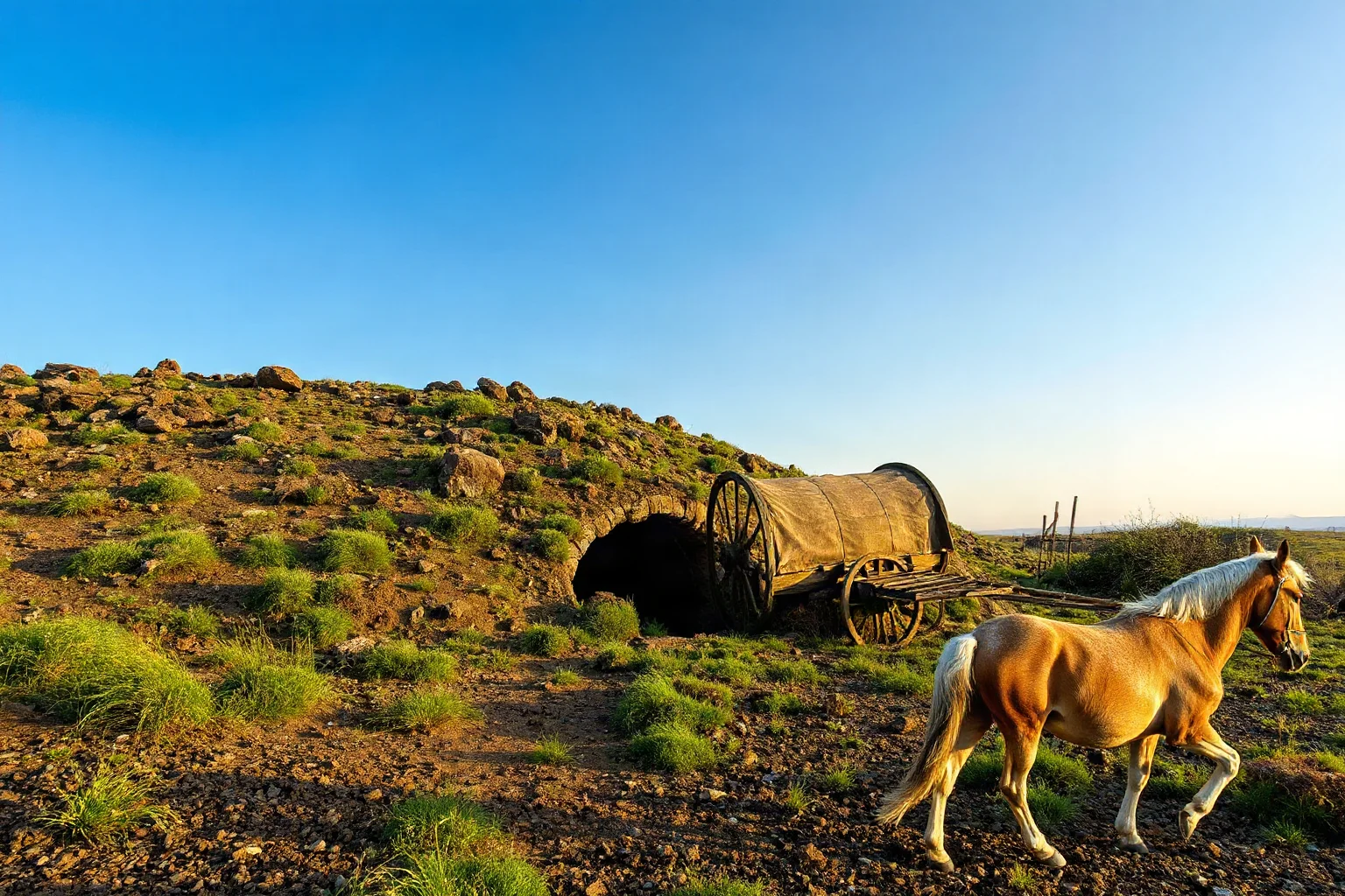 Bronze Age steppe burial mound (kurgan) with wagon and horse remains, Yamnaya culture scene