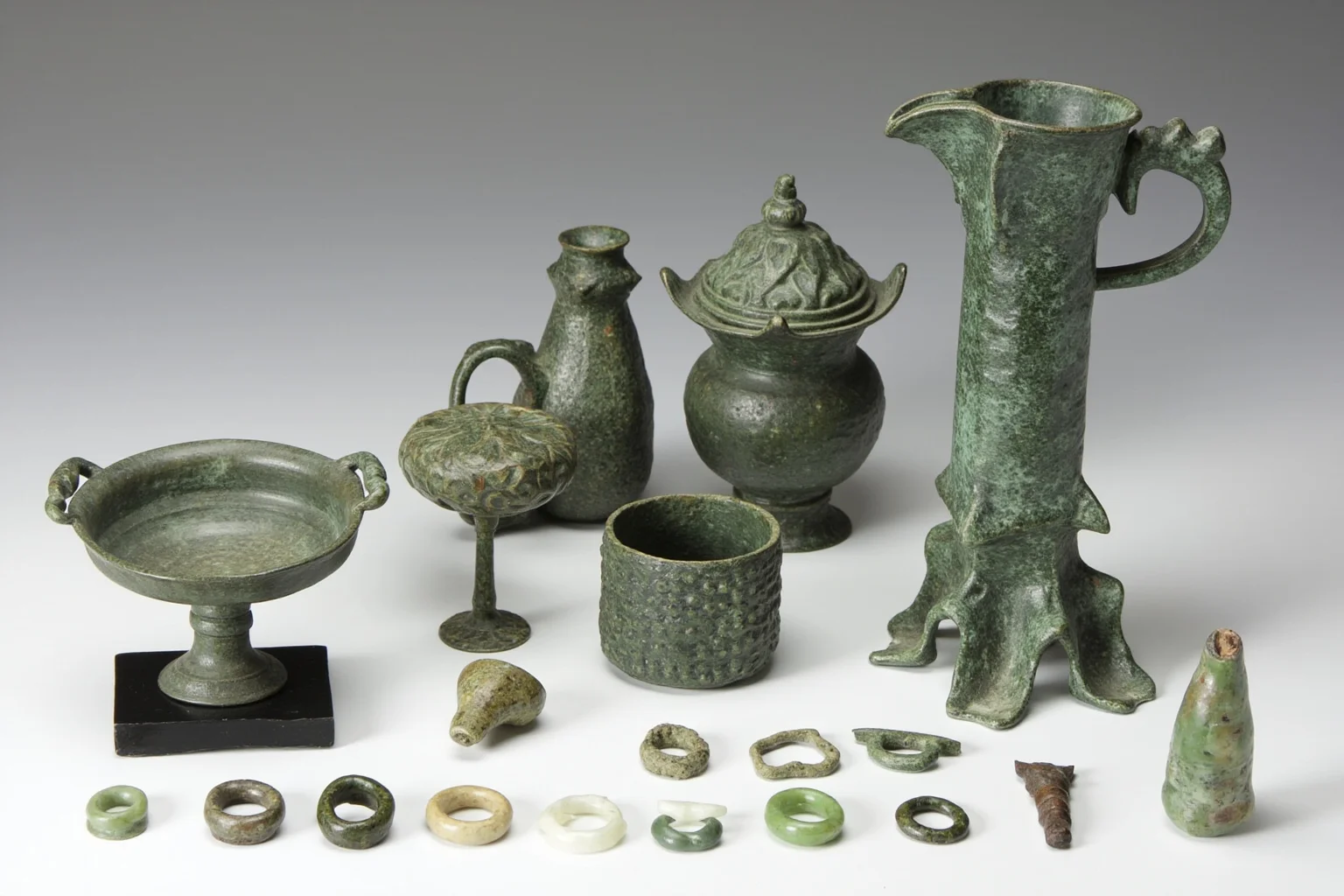 Bronze ritual vessels and jade ornaments arranged as archaeological tomb finds