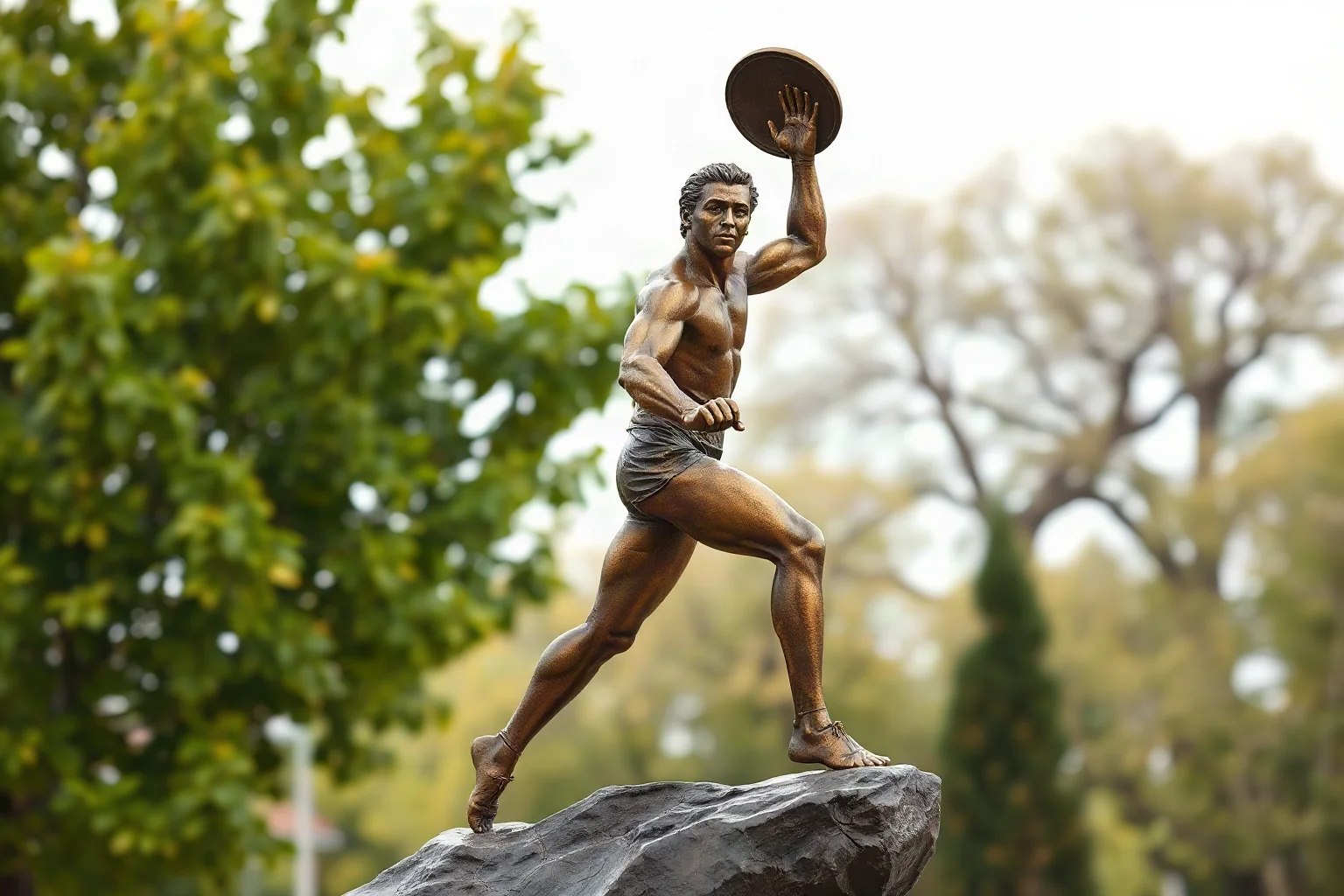 Bronze statue style illustration of an athlete in mid-throw with a discus