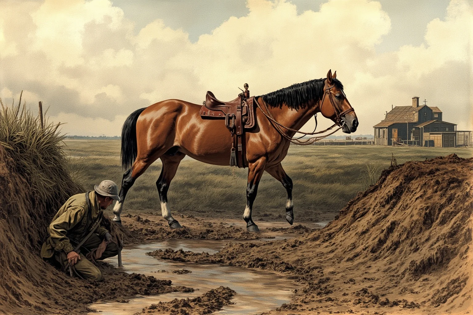 Famous Horses in History: 22 of the Most Legendary Names 21 Brown farm horse transitioning into muddy WWI trench landscape with soldier, emotional wartime illustration, Michael Morpurgo novel adaptation style