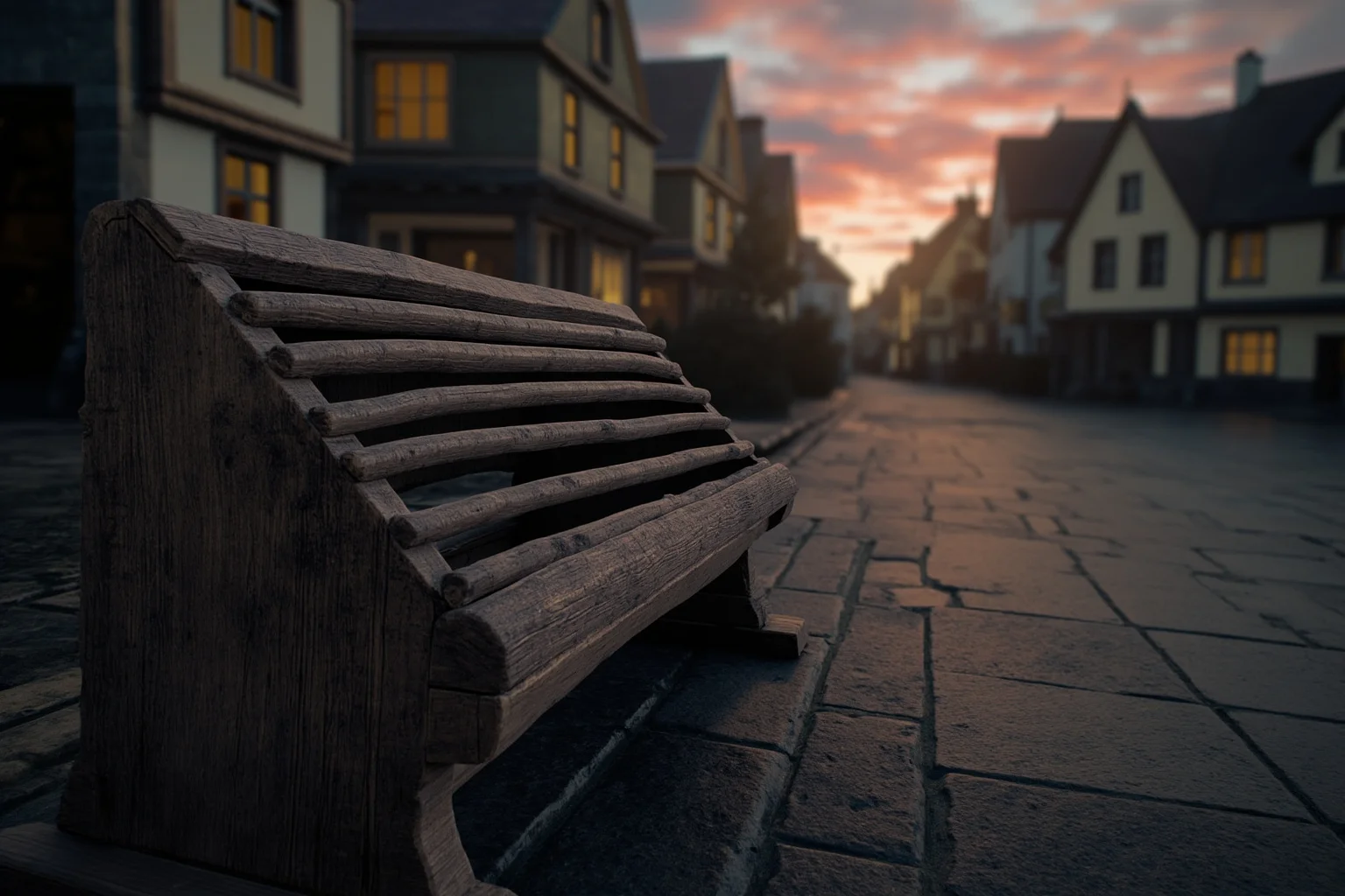 Brutal Forms of Public Humiliation Throughout History 2 A weathered wooden stocks device standing empty in a medieval town square at dusk, illustrative historical style