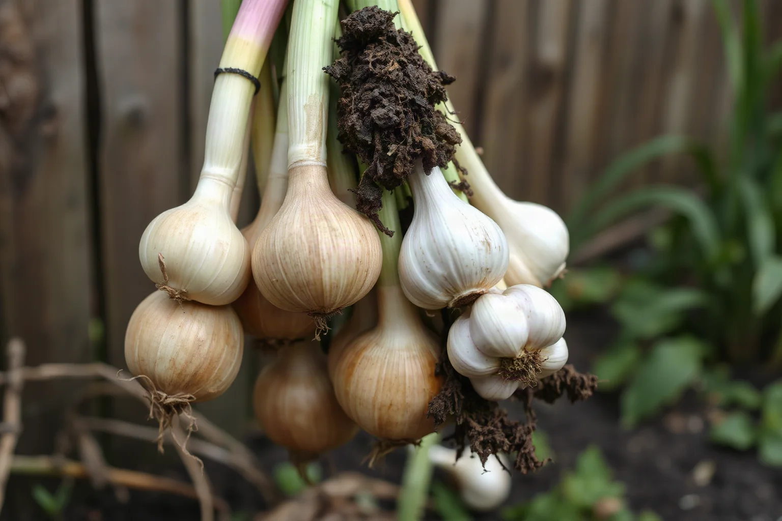 Bundle of fresh onions, leeks, and garlic cloves with soil still clinging to roots, medieval garden background