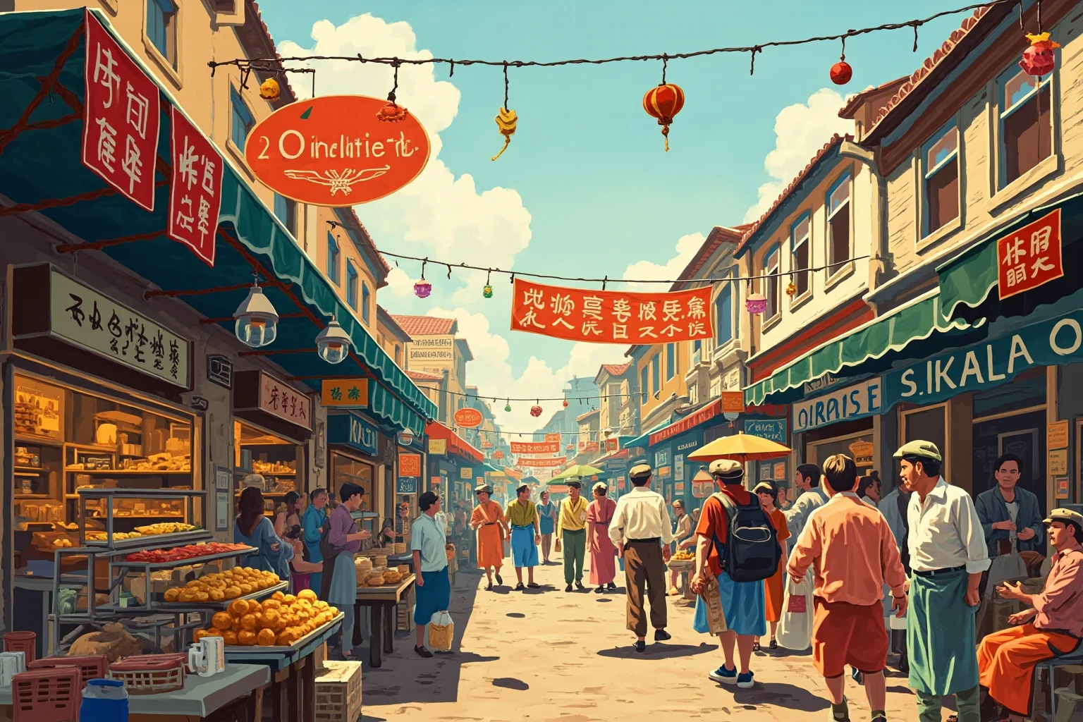 Public Executions Were Once The Most Attended Events In Town — Here's What That Says About Us 8 Bustling historical street market with food stalls, banners, and vendors, illustrative style