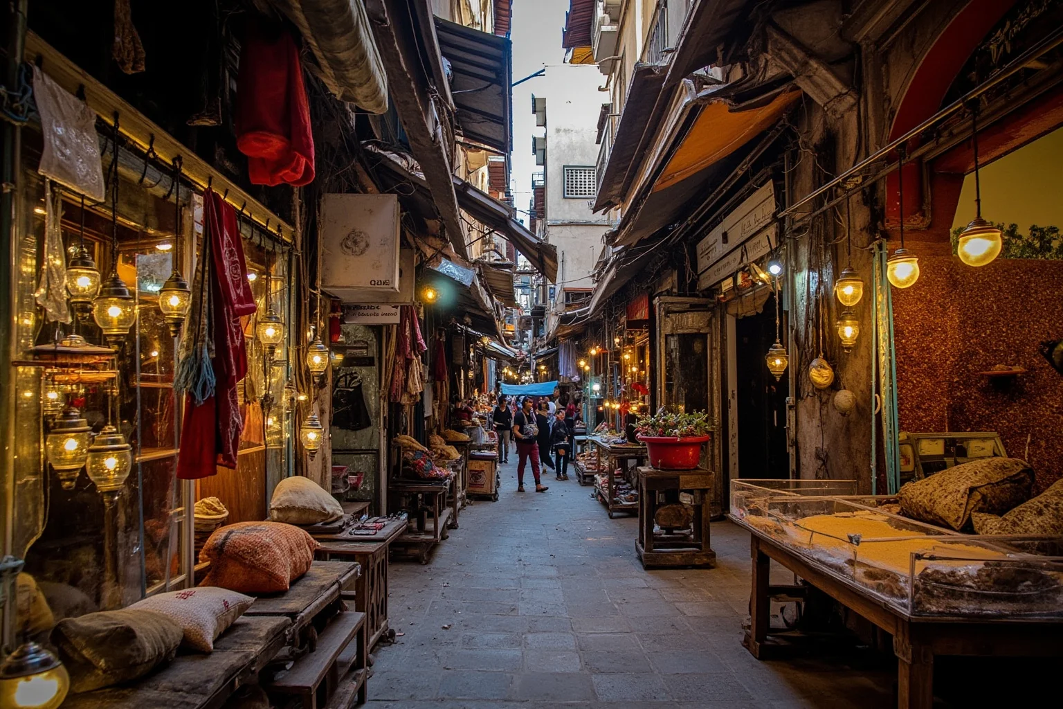 Bustling lane in Cairo's Khan el-Khalili souk with lanterns, spice sacks, and copper lamps hanging above narrow alleys