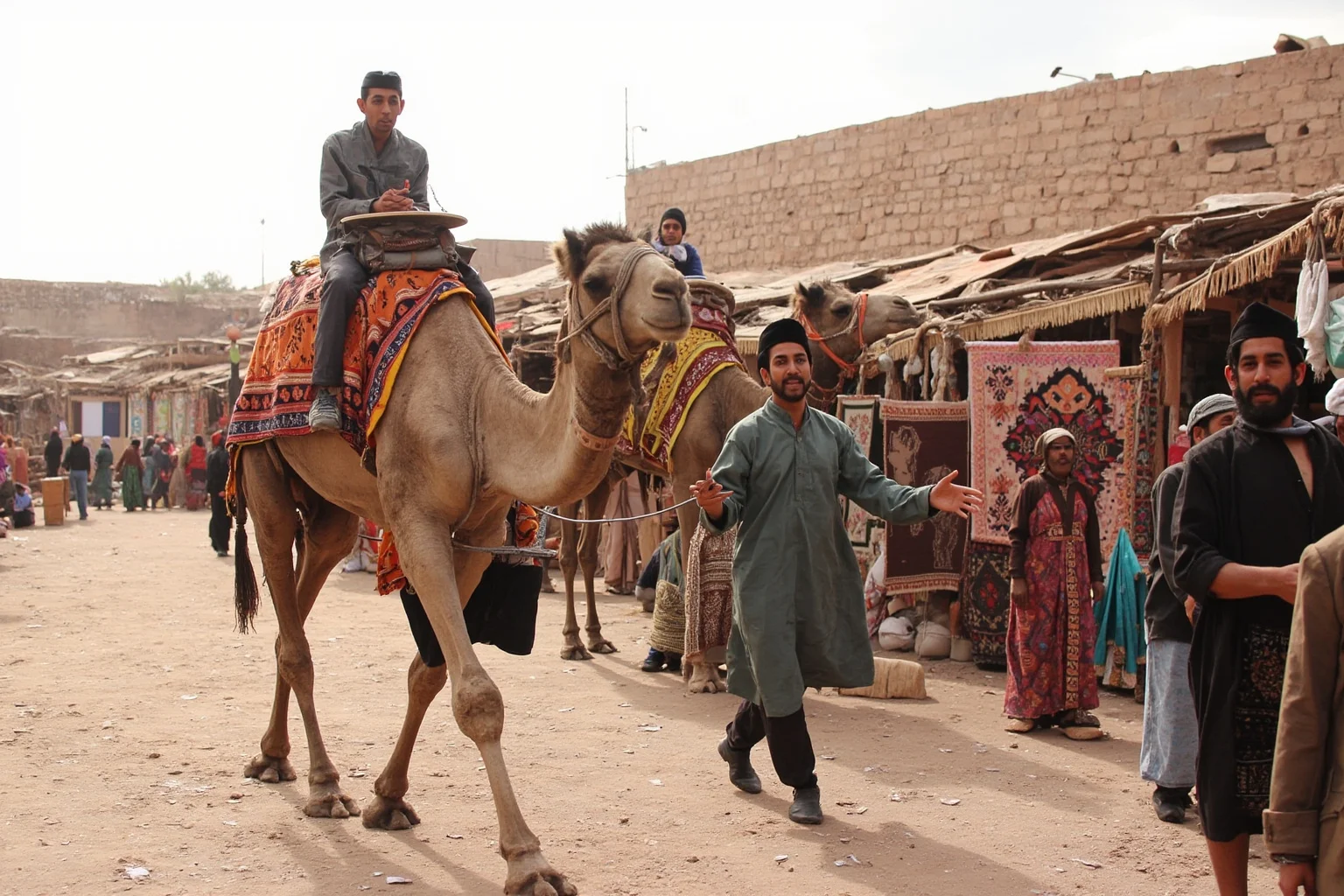 Busy Silk Road market scene in Kashgar with camels, woven rugs, and merchants trading in an open dusty square
