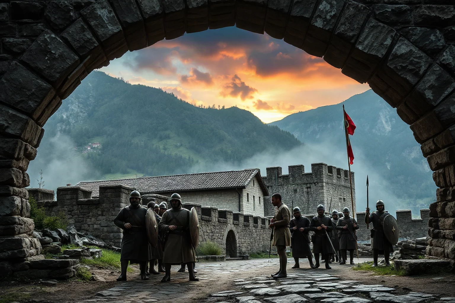 Byzantine and Bulgarian medieval armies in a fortified Balkan mountain pass
