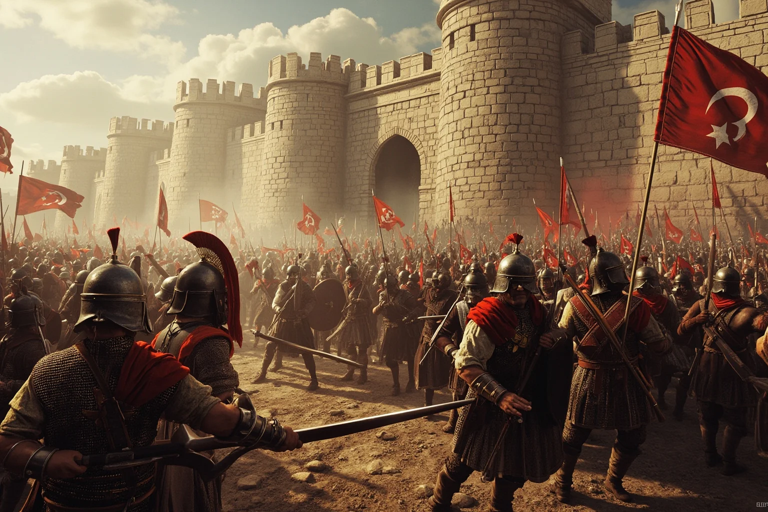 Wars That Lasted A Lot Longer Than You Thought 17 Byzantine and Ottoman soldiers in a siege scene outside grand stone city walls