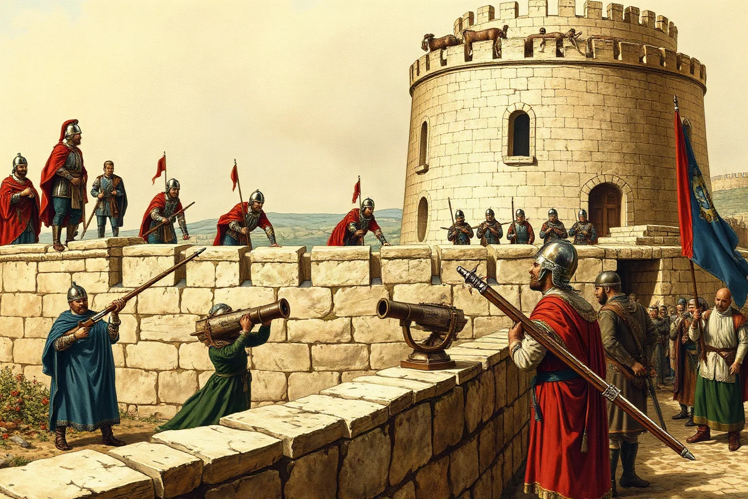 Byzantine defenders on a stone city wall facing Ottoman siege forces with cannons