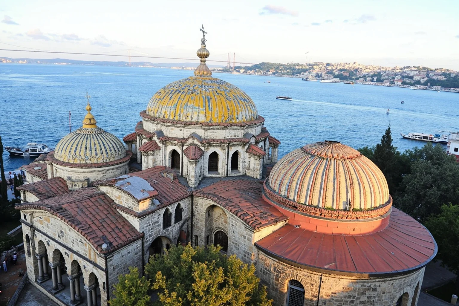 Byzantine domed cathedral with mosaic details overlooking the Bosphorus strait