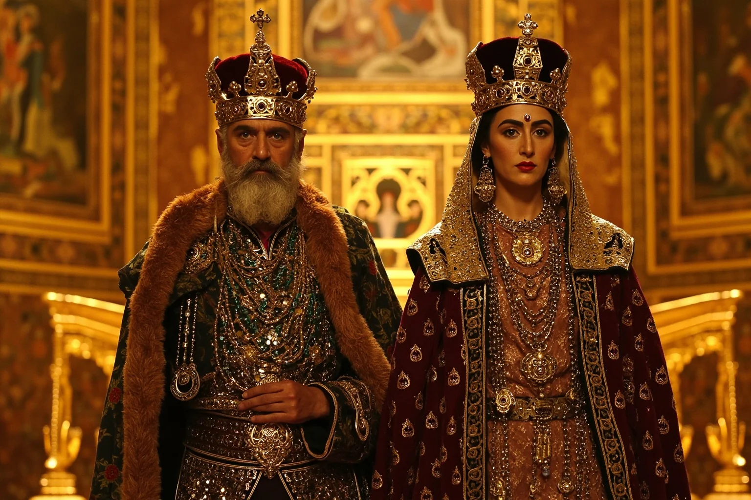 The 22 Greatest Love Stories in History 8 Byzantine emperor and empress in ornate jeweled robes and crowns standing in a golden mosaic-covered throne room