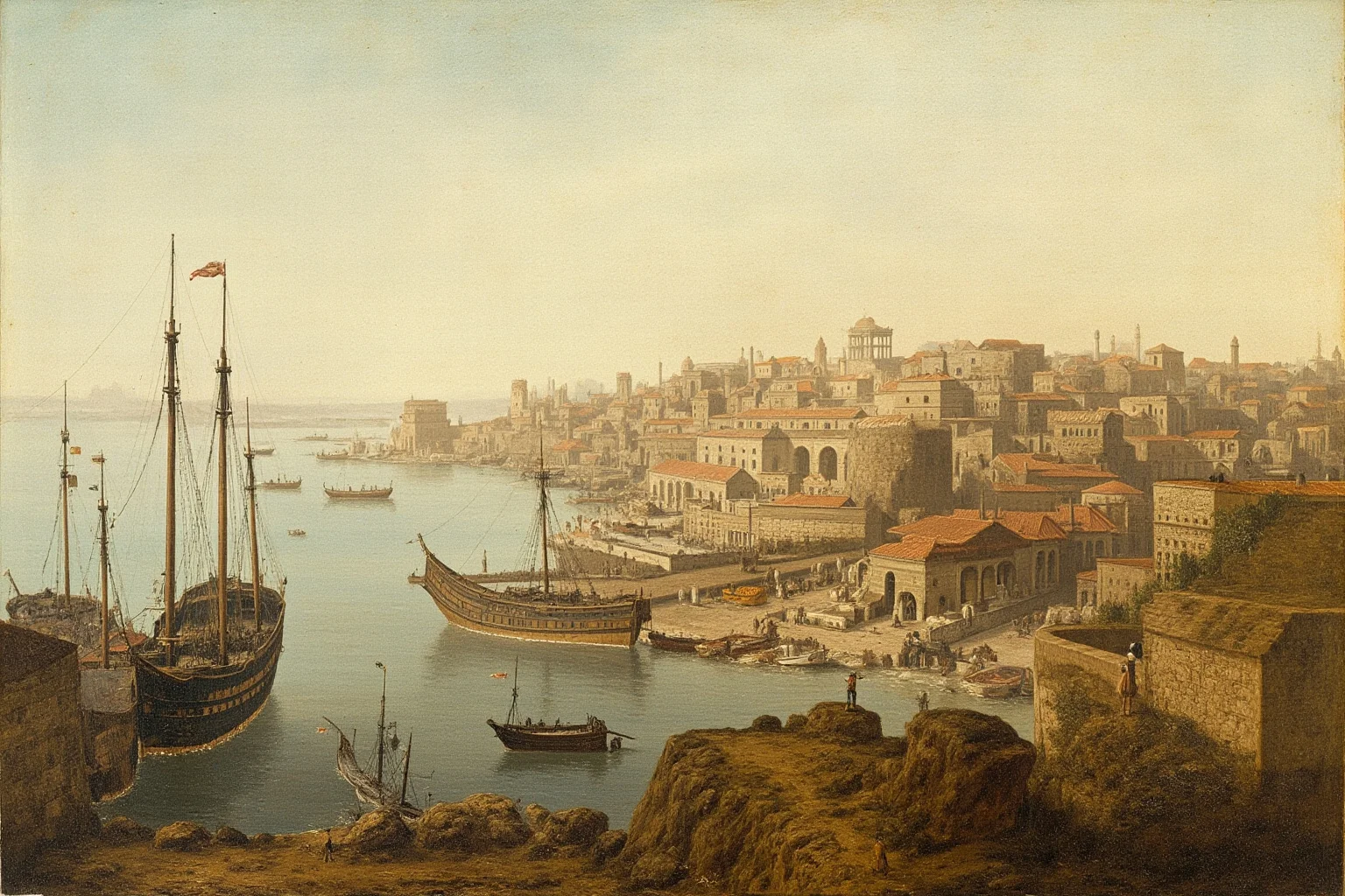 20 Deadliest Plagues That Shaped Human History 4 Byzantine-era Mediterranean port city with ships and stone architecture under a hazy sky, historical painting style