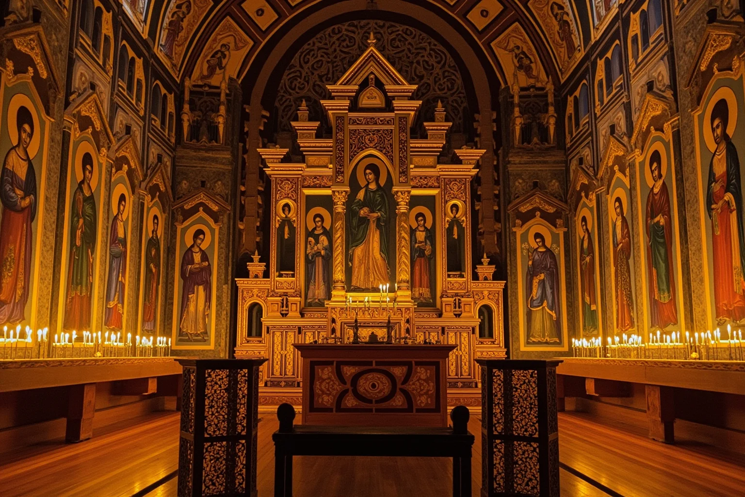 Byzantine-era painted icons and candles inside a converted marble temple now used as a church