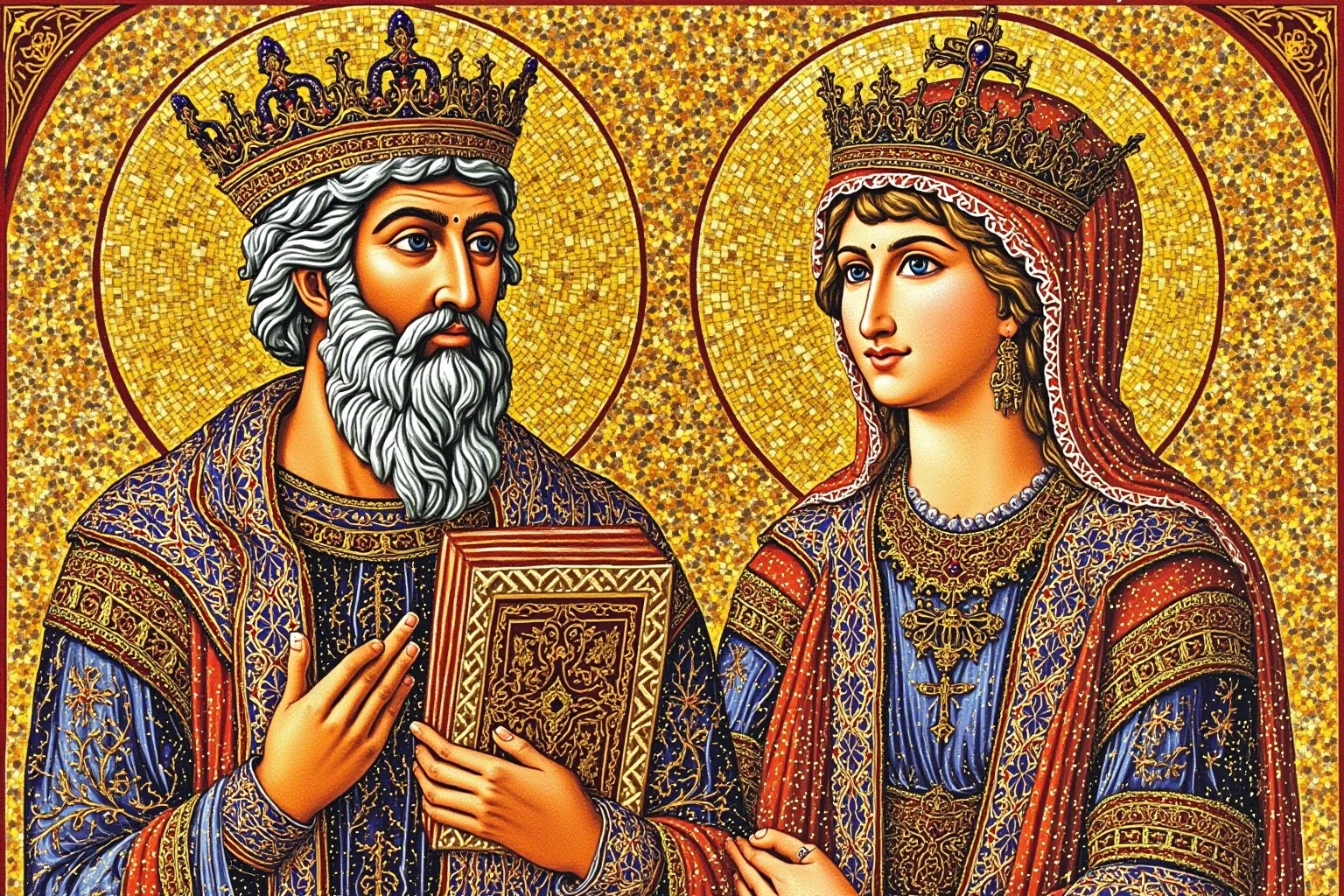 Star-Crossed Lovers: The 22 Greatest Historical Romances Ever 17 Byzantine mosaic-style illustration of an emperor and empress in ornate robes and gold crowns