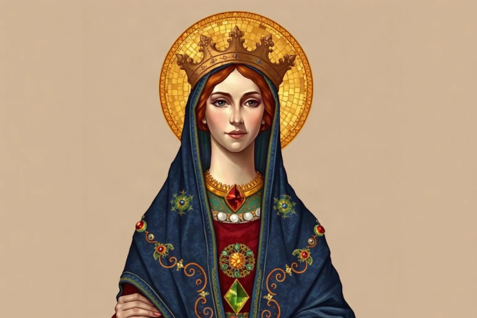 Byzantine mosaic-style illustration of an empress in ornate jeweled robes and a golden halo-like crown