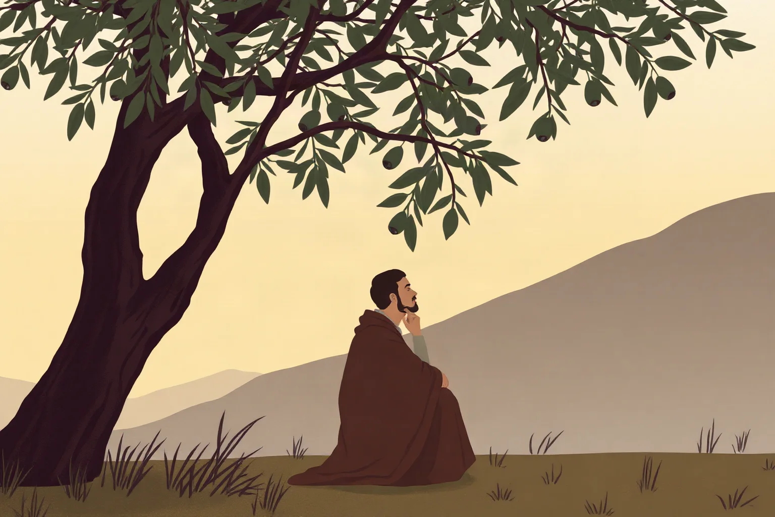 Calm illustrative scene of a robed thinker sitting peacefully under an olive tree at dusk, muted color palette