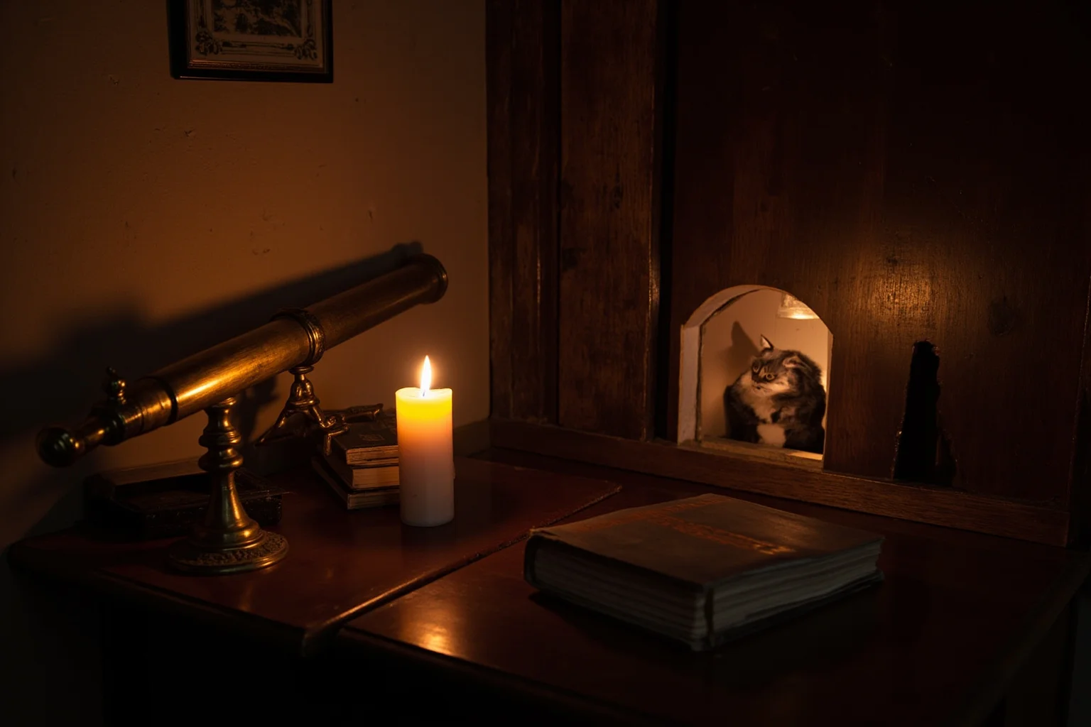 Candlelit 17th-century scientist's study with old books, a brass telescope, and a small wooden door cut into a larger door for a cat