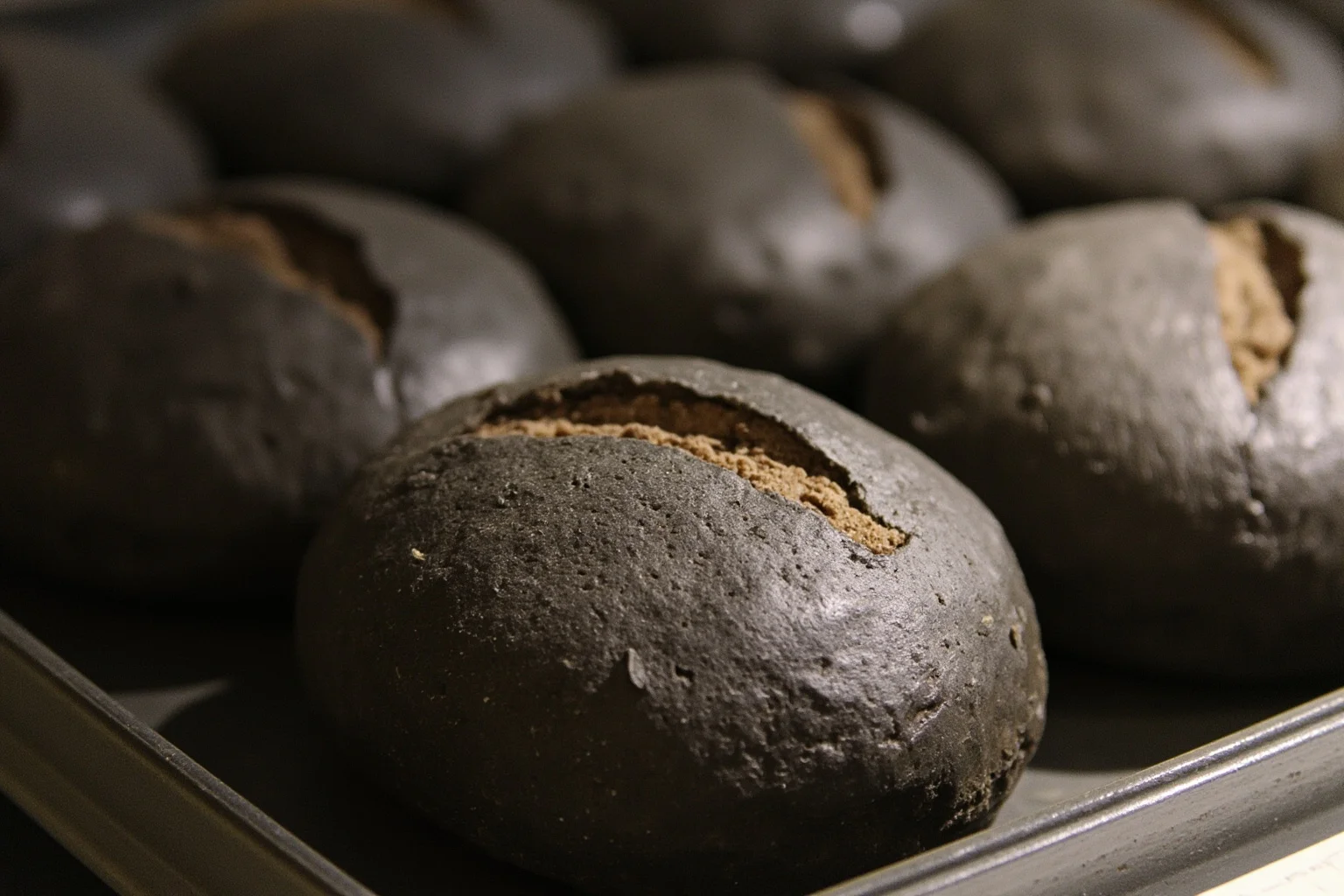 Carbonized round loaves of bread displayed on a museum tray, dark and preserved