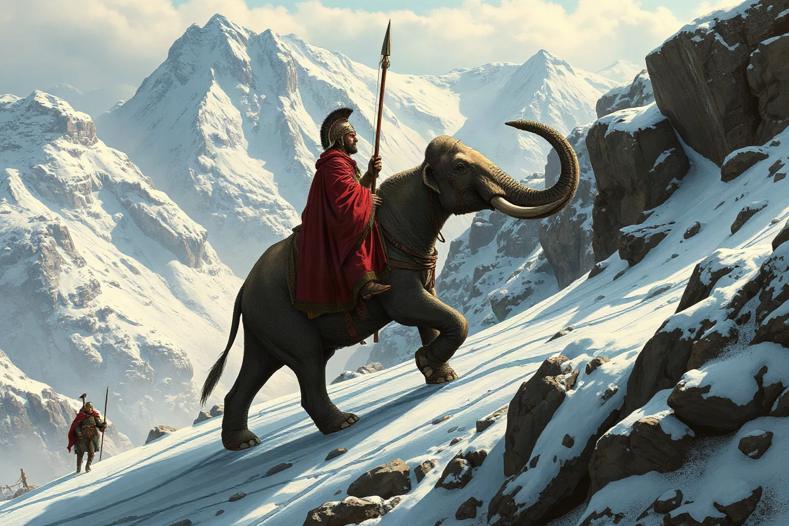 Carthaginian general on a war elephant crossing a snowy Alpine mountain pass, illustrative historical style