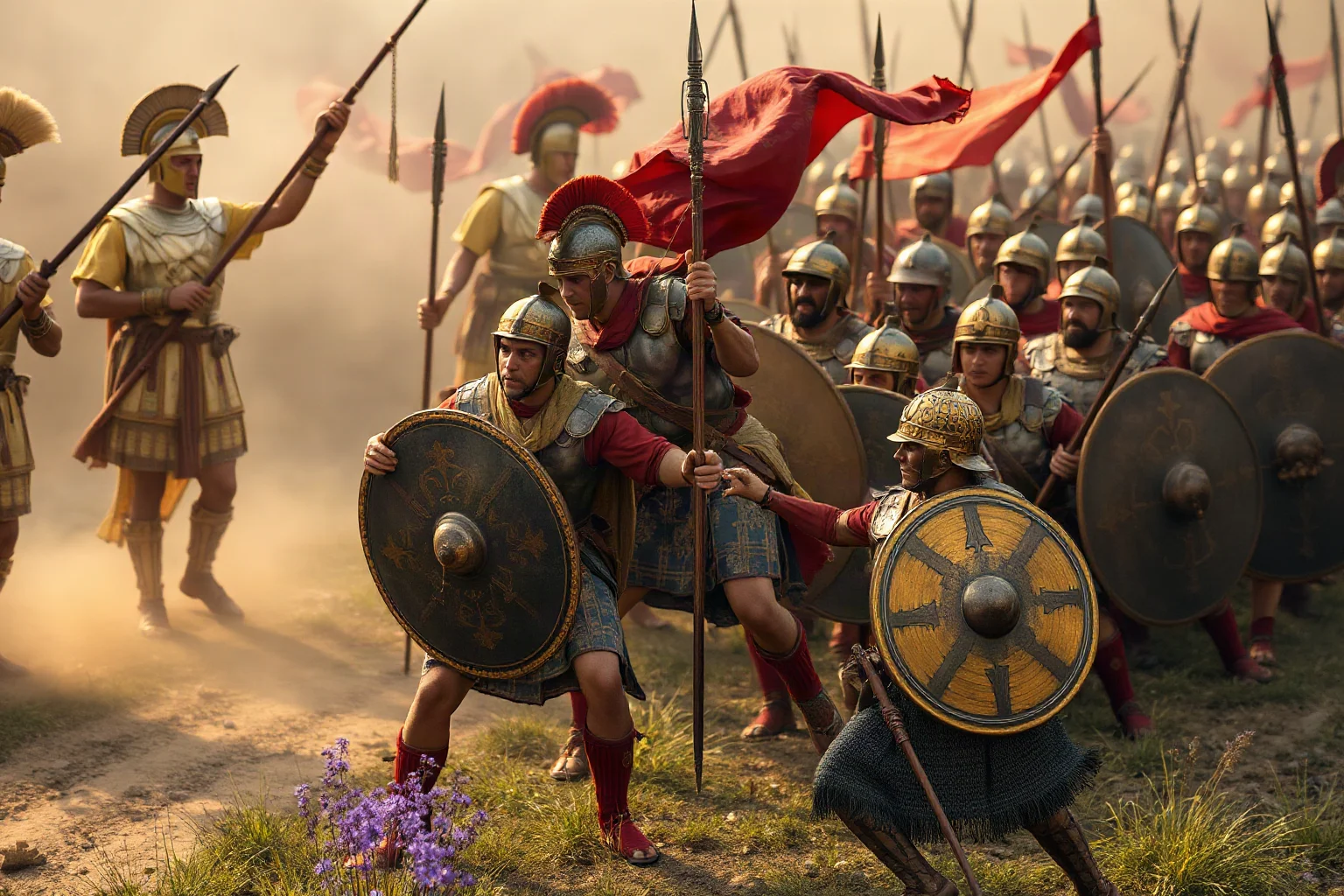Carthaginian soldiers executing a double-envelopment tactic, surrounding a Roman army in formation during ancient warfare
