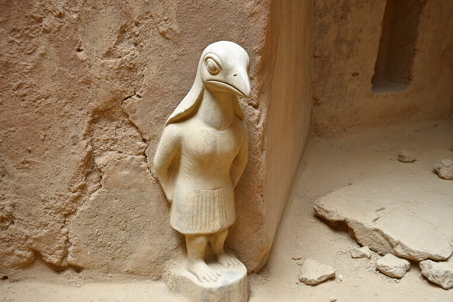 Carved limestone figure combining a human body with a bird-like head, ancient excavation site