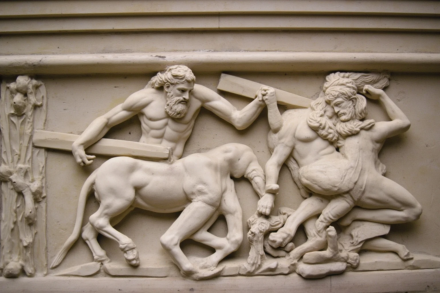 Carved marble panel depicting a dramatic battle scene between mythological warriors and centaurs