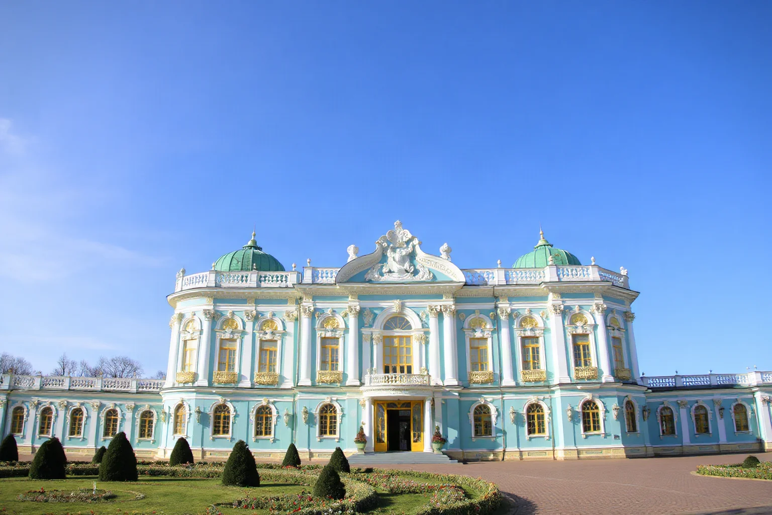 Catherine Palace near St. Petersburg with its striking blue-and-gold Rococo facade