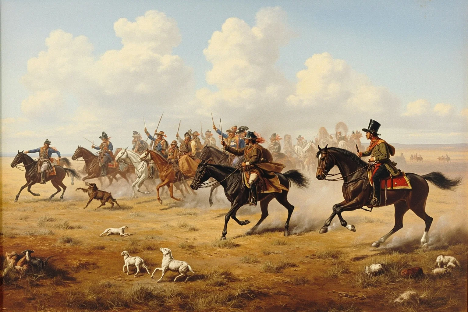 Battles That Defined American History 24 Cavalry troops and Native American warriors on horseback clashing on the Great Plains, 19th-century historical scene