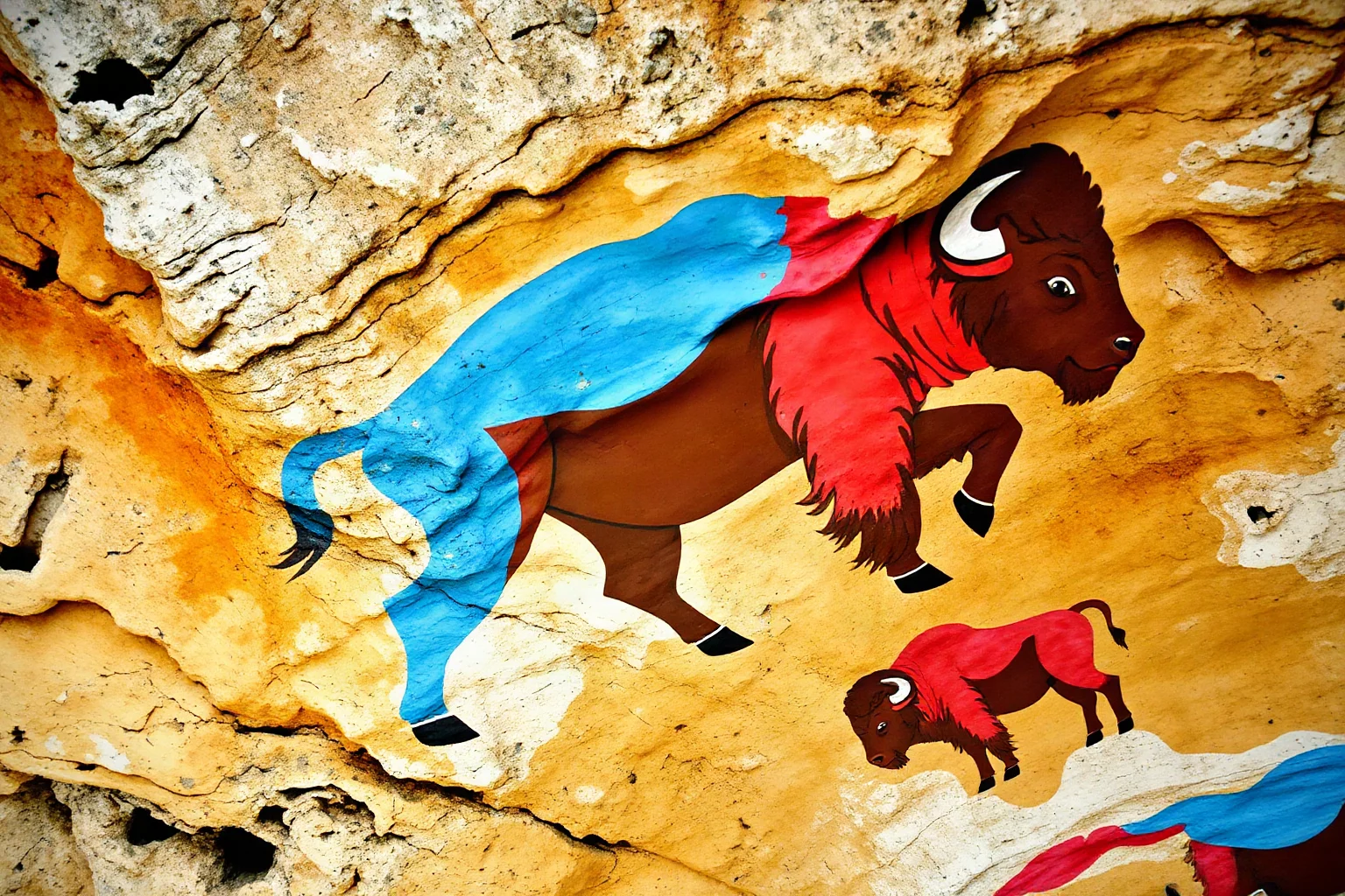 Cave ceiling with vivid polychrome bison paintings in multiple colors utilizing natural rock contours for depth and dimension
