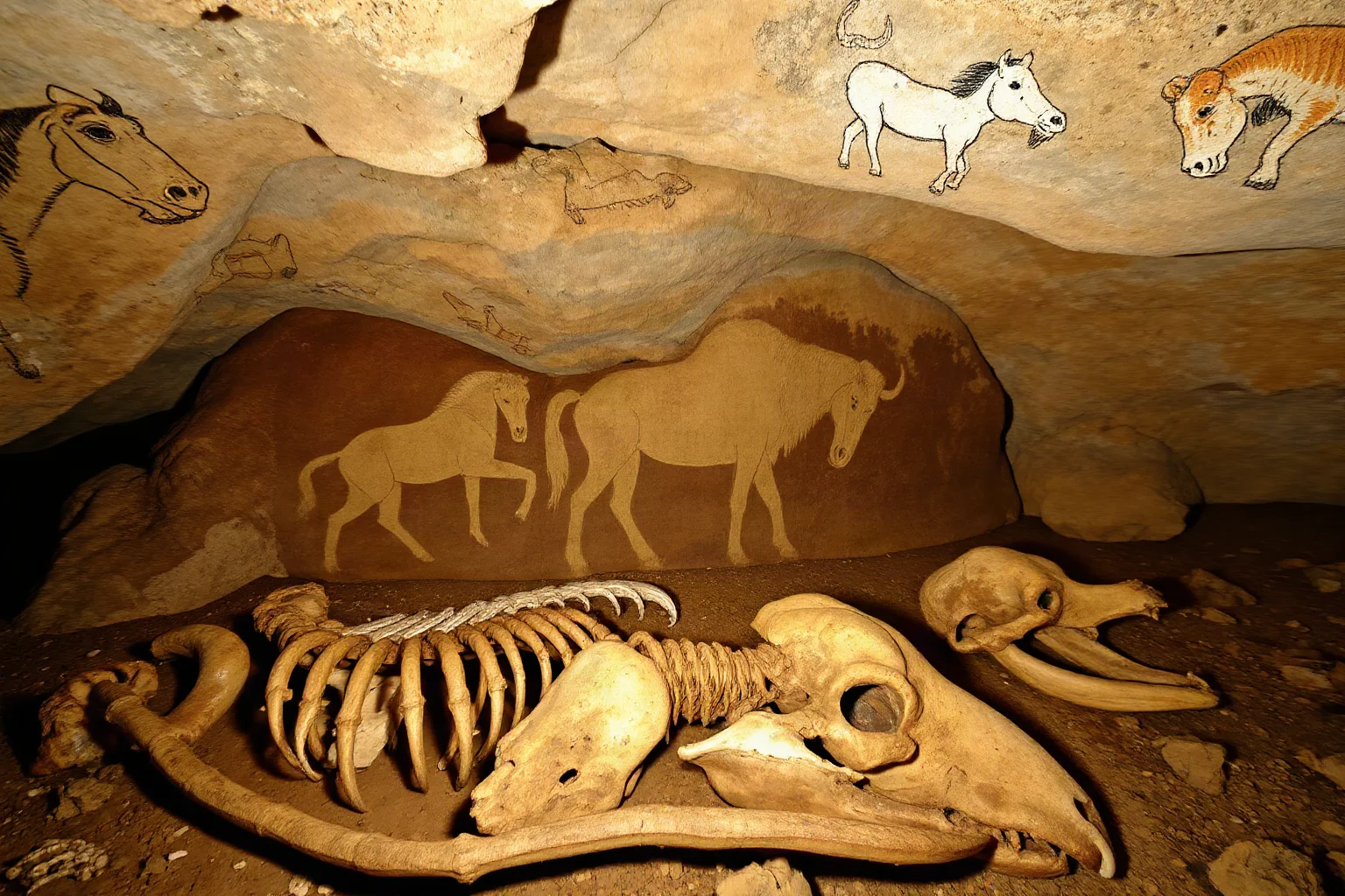 Cave interior showing engraved and painted horses, bison, and mammoths alongside ancient skeletal remains on cave floor