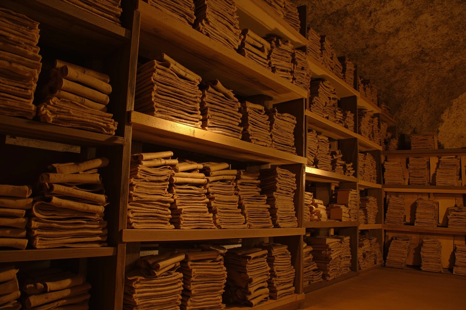 Cave library interior filled with stacked ancient scrolls and manuscripts