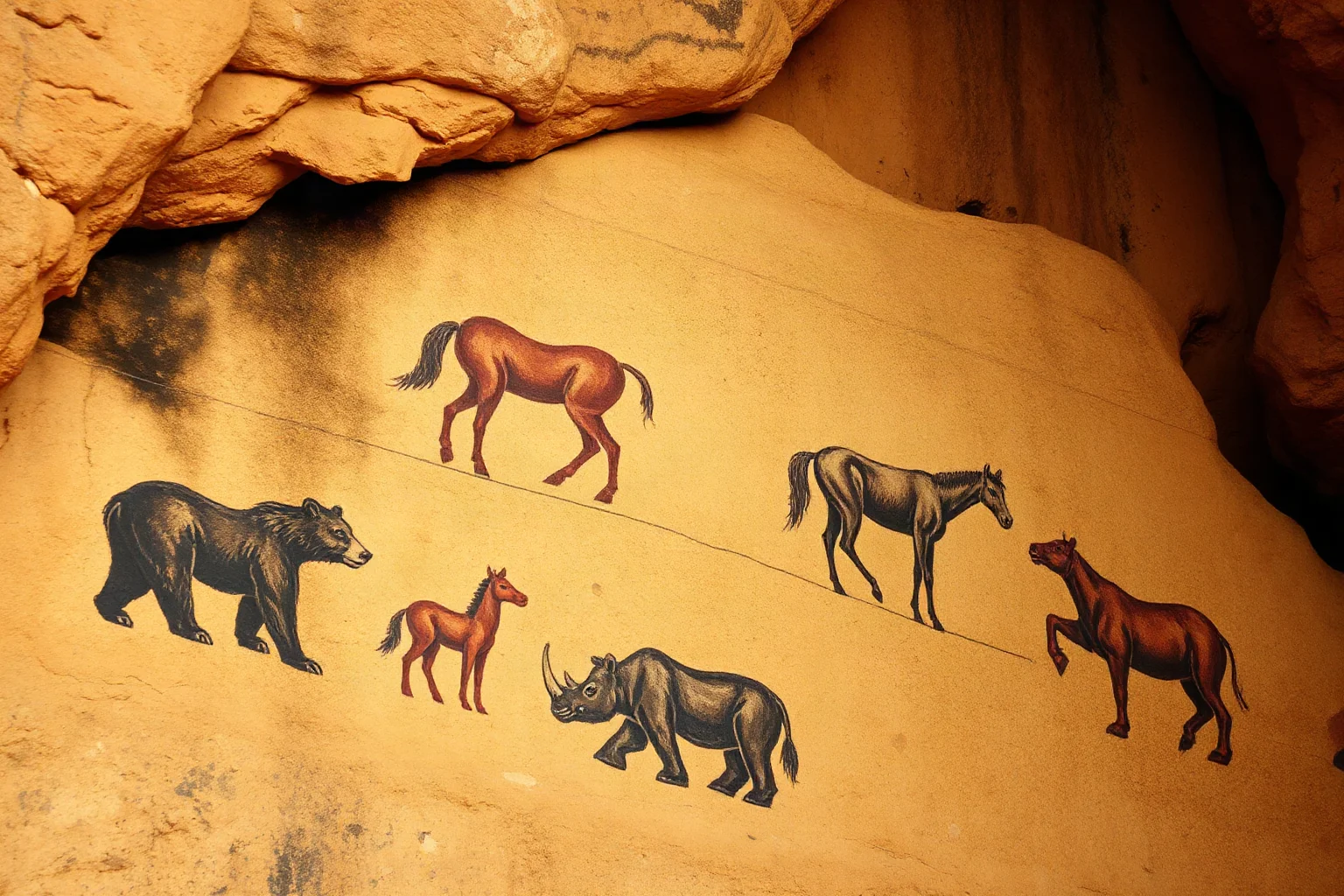 Cave paintings of bears, horses, and rhinoceroses in earthy tones on a rocky cave wall, European Ice Age art style