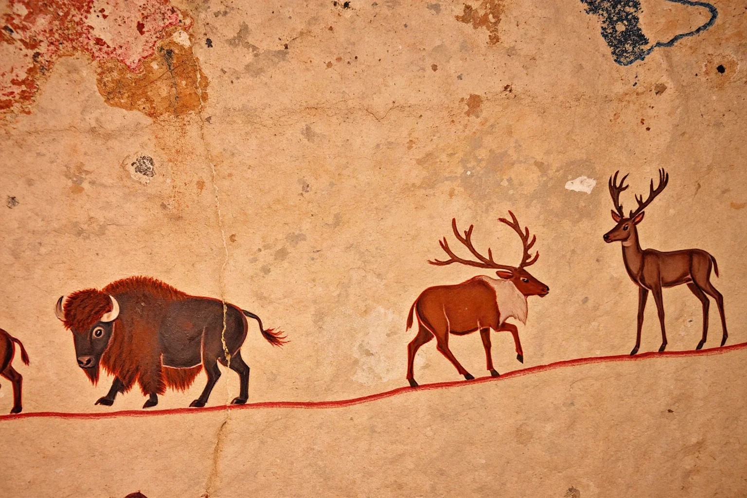 Cave paintings of bison, mammoths, and reindeer in polychrome pigments on a textured rock wall, fine Magdalenian-period artwork