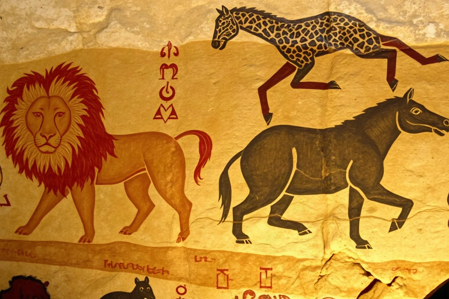 Cave wall paintings of lions, rhinoceroses, horses and bears rendered with shading and perspective, sophisticated Ice Age art