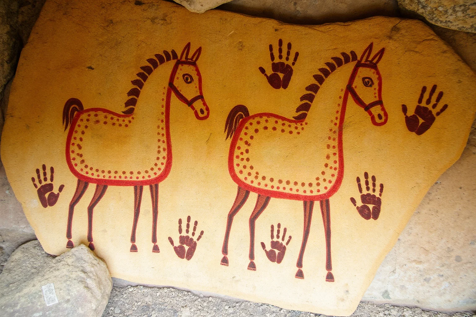 Cave wall panel showing two horses covered in red and brown painted dots with hand stencils surrounding them, Paleolithic art
