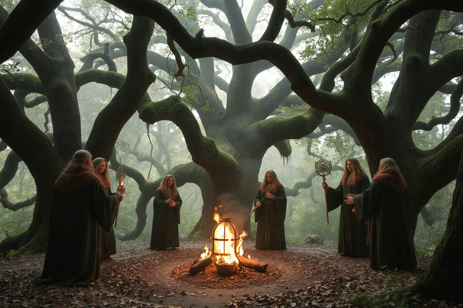 Celtic druids performing a ceremony in an ancient oak grove, mystical atmosphere