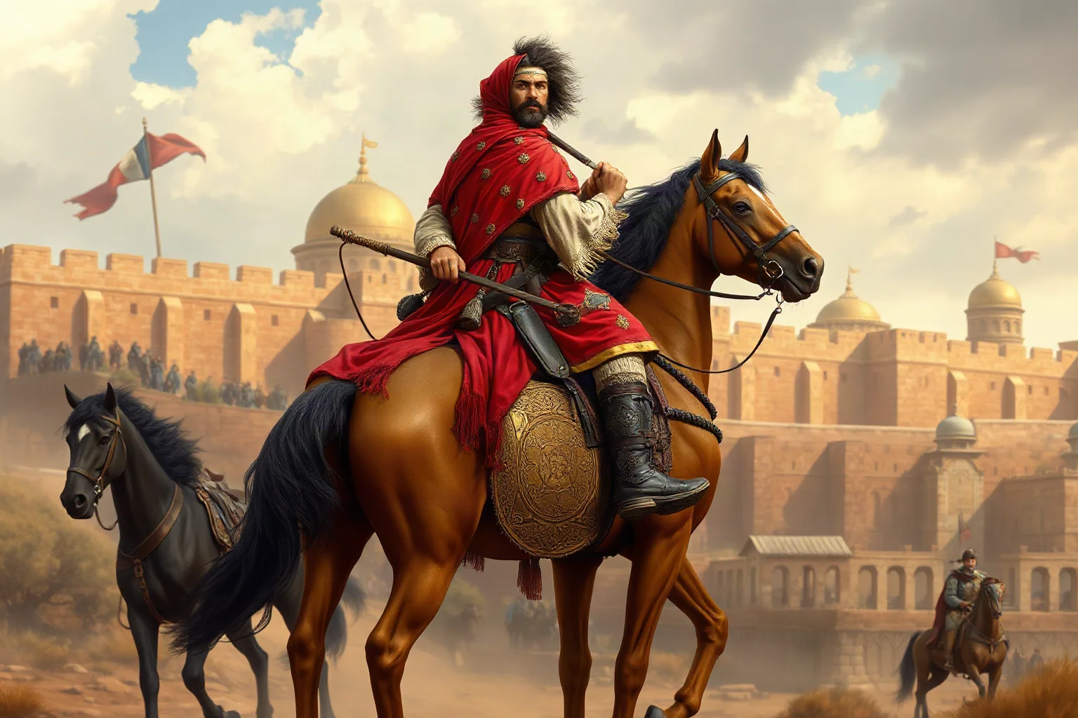 Central Asian conqueror on horseback before a grand walled city with domed architecture, illustrative historical style