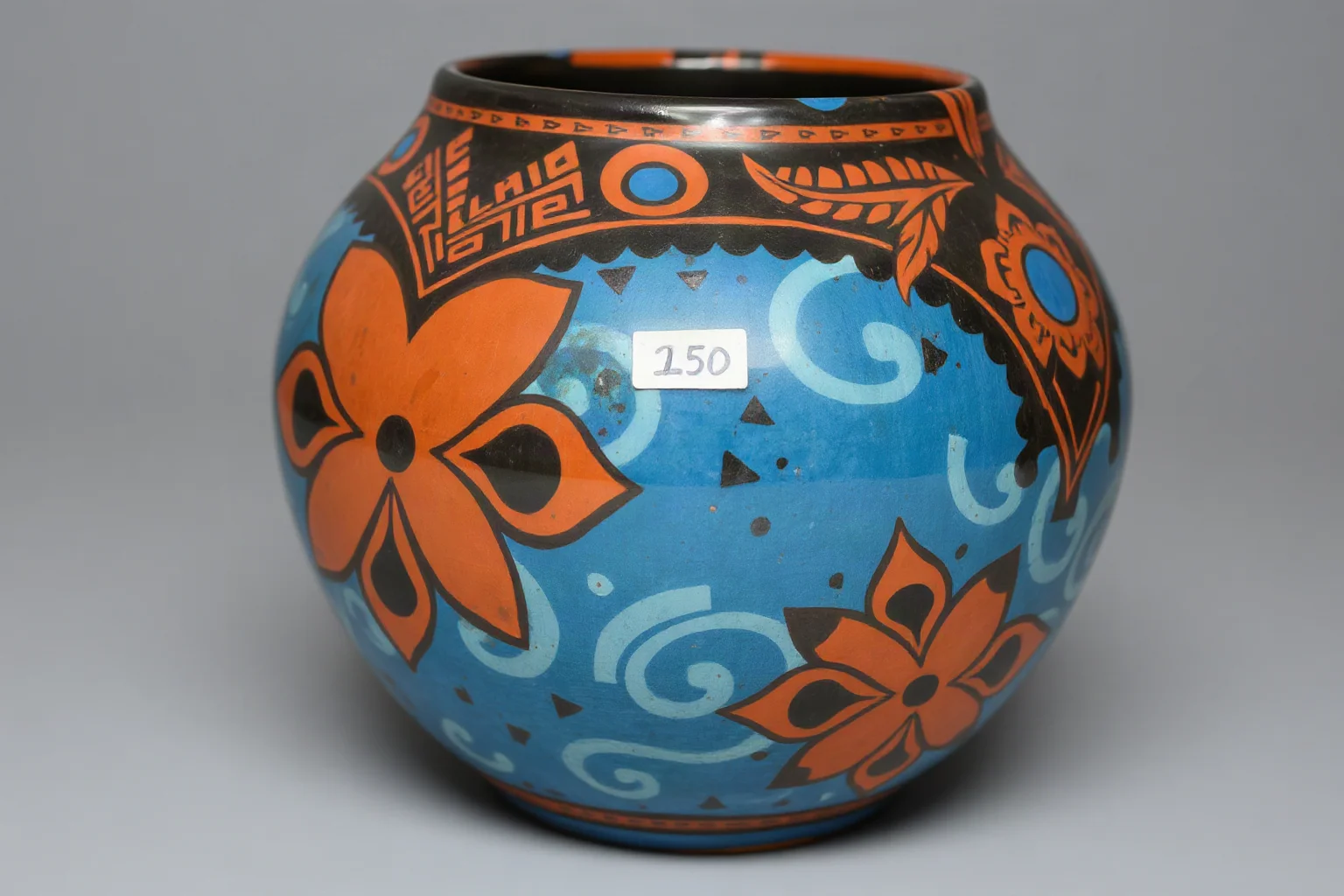Ceramic vessel painted with vivid Maya Blue pigment designs